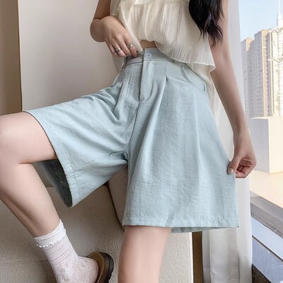 蓝色奶芙西装短裤女夏季薄款松紧高腰休闲a字热裤阔腿山本五分裤