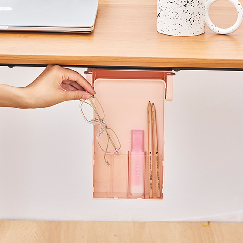 粉色桌下抽屉式收纳可伸缩无痕粘贴整理盒子办公室隐藏桌面ttf