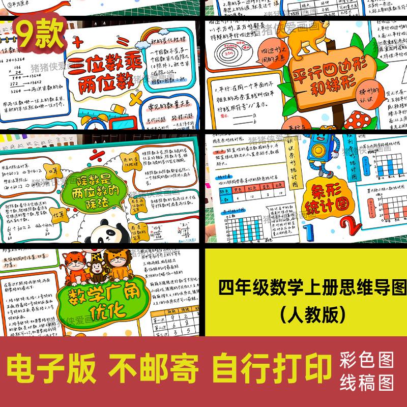 人教版四年级上册数学思维导图手抄报 9个单元电子版线稿素材360