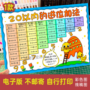 一年级数学创意小报20以内的进位加法手抄报 电子模版线稿素材539