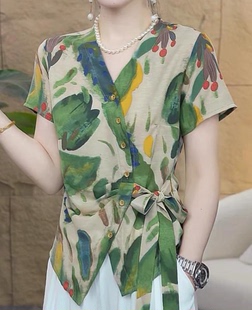 妈妈装 遮肚上衣中年女装 2025夏季 V领显瘦短袖 T恤 碎花印花大码 短袖