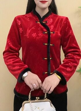 新中式加绒上衣女复古国风秋冬女装2025新款毛边拼接妈妈装小衫