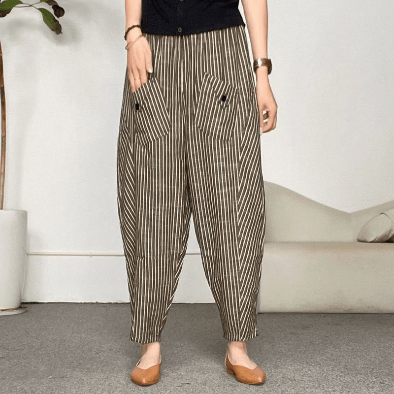 早秋新款大口袋条纹凉快休闲裤中年女士显瘦松紧腰百搭哈伦裤 - 启航美妈妈装出品