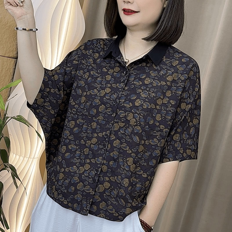 2026夏洋气印花翻领蝙蝠袖遮肚衬衫中年妈妈宽松遮肉百搭短袖小衫