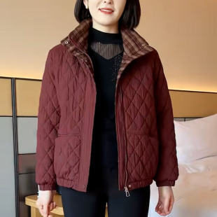 冬季中年大码加绒加厚立领外套妈妈装时尚休闲保暖菱形格短款棉衣
