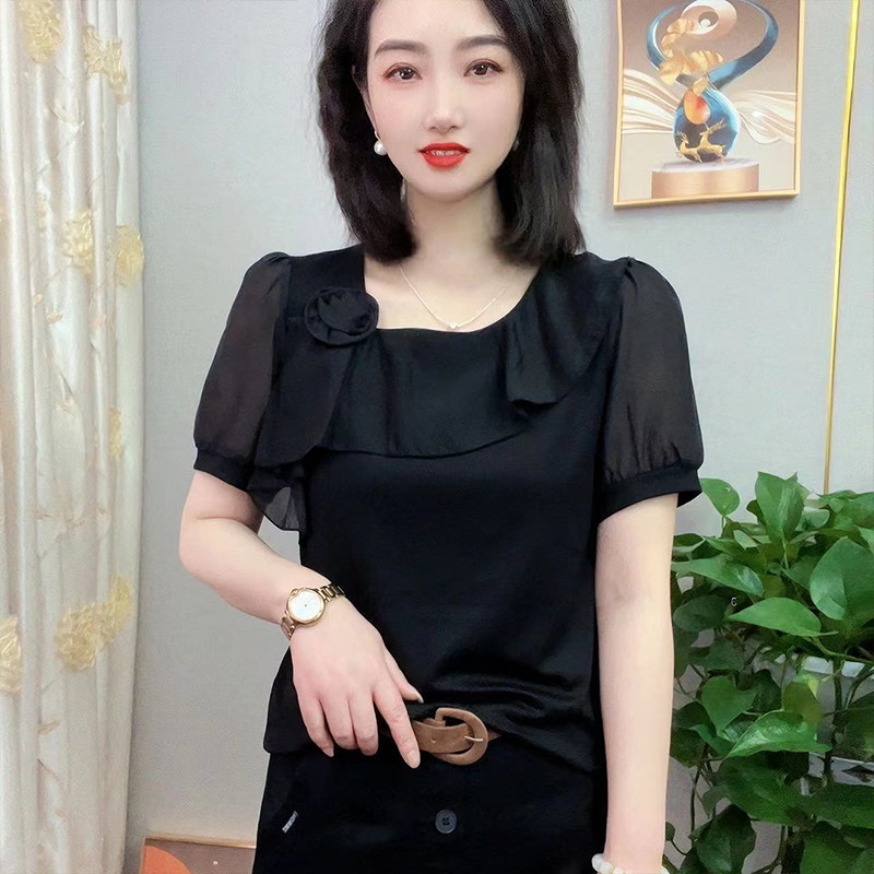 夏季妈妈时尚弯刀领一朵花气质T恤小衫中年百搭显瘦短袖纯色上衣图片
