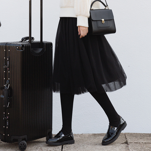 suin2026春装 a字网纱蓬蓬半身裙569 新文艺森系公主黑色多层中长款