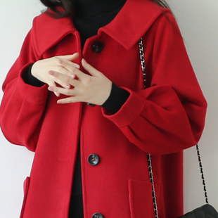 suin2020冬新复古韩版 羊毛呢大衣a字显瘦中长外套 赫本红色新娘装