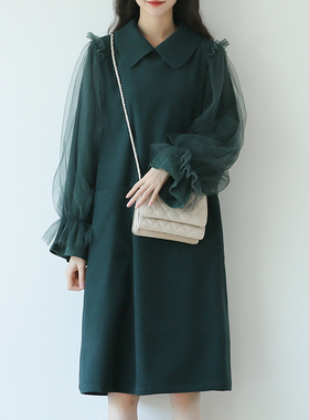 suin2025春秋新款甜美宽松大码拼纱绿色娃娃领喇叭长袖连衣裙女