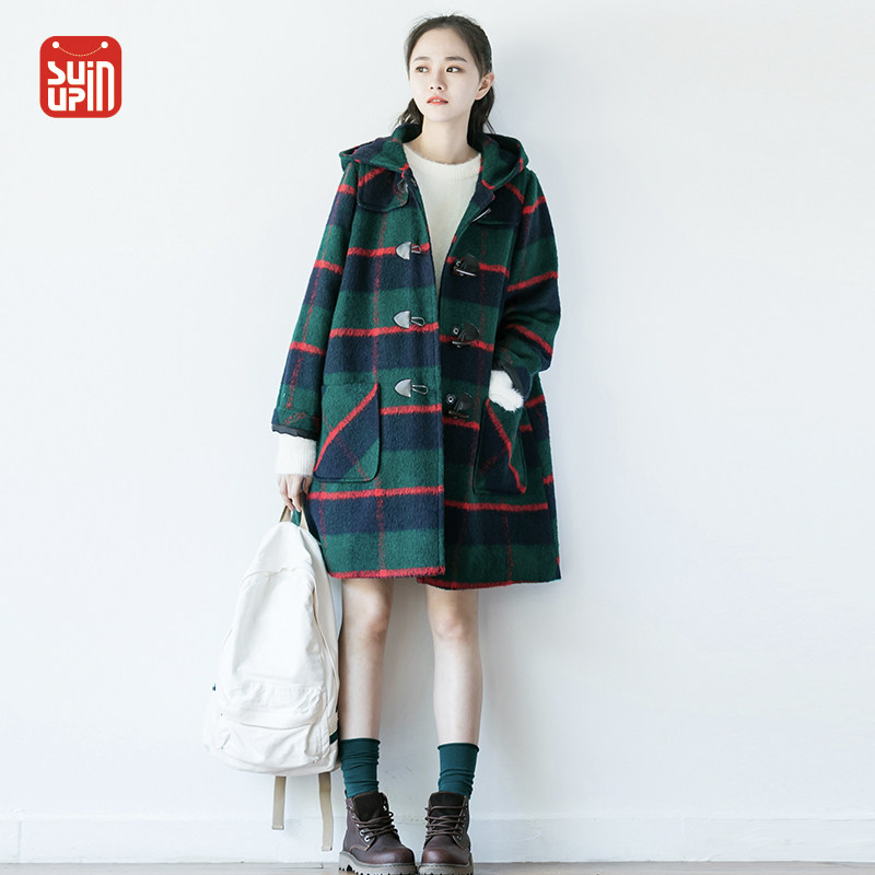 SUIN文艺学院牛角连帽毛呢大衣