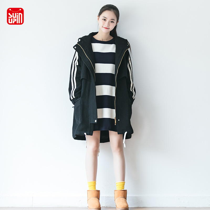 SUIN2025秋冬新款文艺休闲运动宽松连帽中长黑色羊毛呢大衣女外套