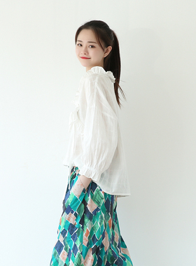 suin2026春夏新品小清新甜美可爱棉白色格子系带木耳边衬衫女8250