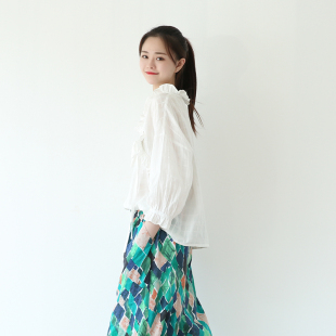 小清新甜美可爱棉白色格子系带木耳边衬衫 suin2024初秋新品 女8250