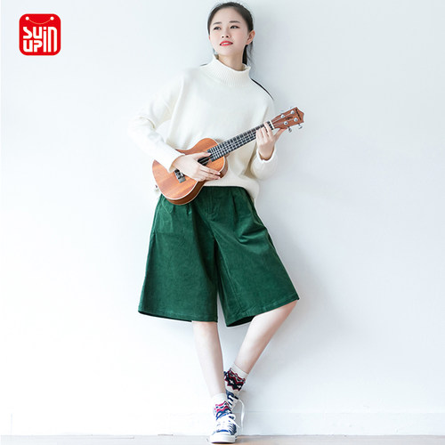 春夏新灯芯绒A字阔腿五分中裤女