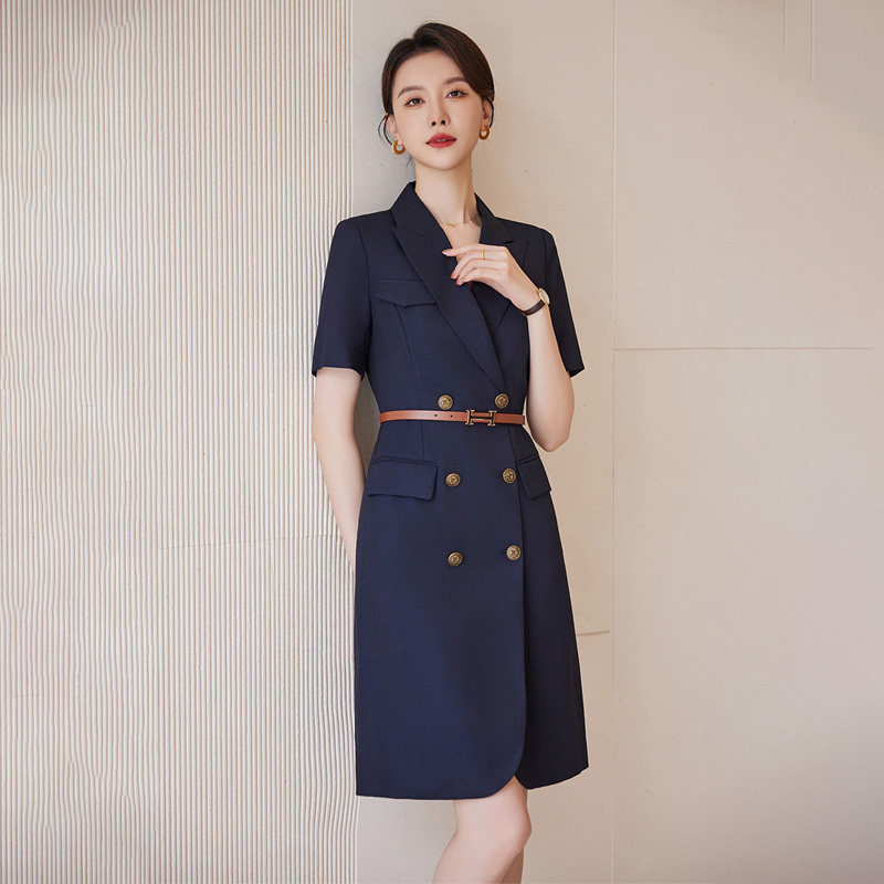 诗璐雅藏青色短袖西装连衣裙高级感双排扣职业裙子主持人工作服夏