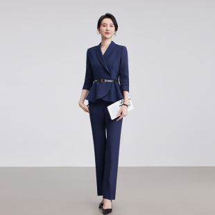 诗璐雅藏青色职业套装 工作服 女士干练商务西服气质OL空姐制服西装