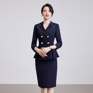 诗璐雅藏青色西装套装女职业两件套面试正装裙子美容院工作服裙套