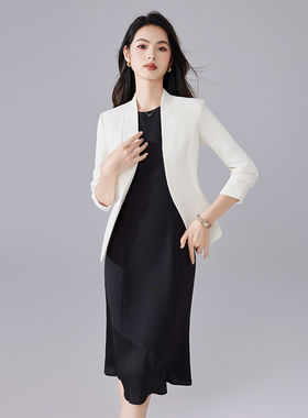 诗璐雅气质白色西服外套修身高级感职业OL小西装商务连衣裙两件套