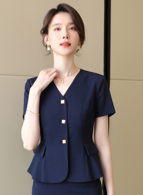 诗璐雅西装外套女短袖V领上衣夏新款蓝色气质女神范蓝色职业西服