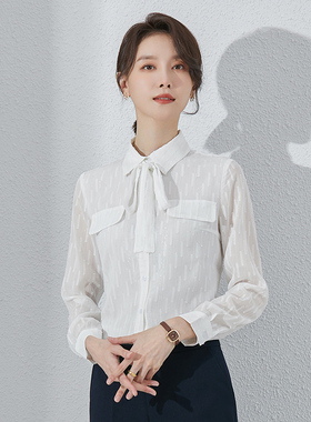 诗璐雅女士气质通勤职业百搭长袖上衣白色衬衫高端精致网纱打底衫