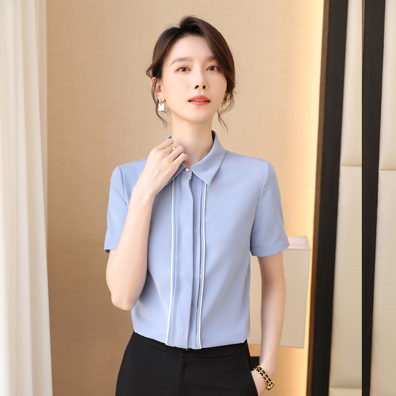 诗璐雅短袖蓝色衬衫女职业气质2025夏季高级感方领雪纺衫正装衬衣