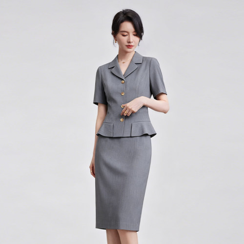 诗璐雅灰色短袖西装套裙女