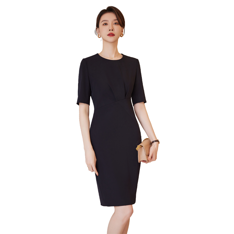 诗璐雅黑色职业连衣裙女夏季高端