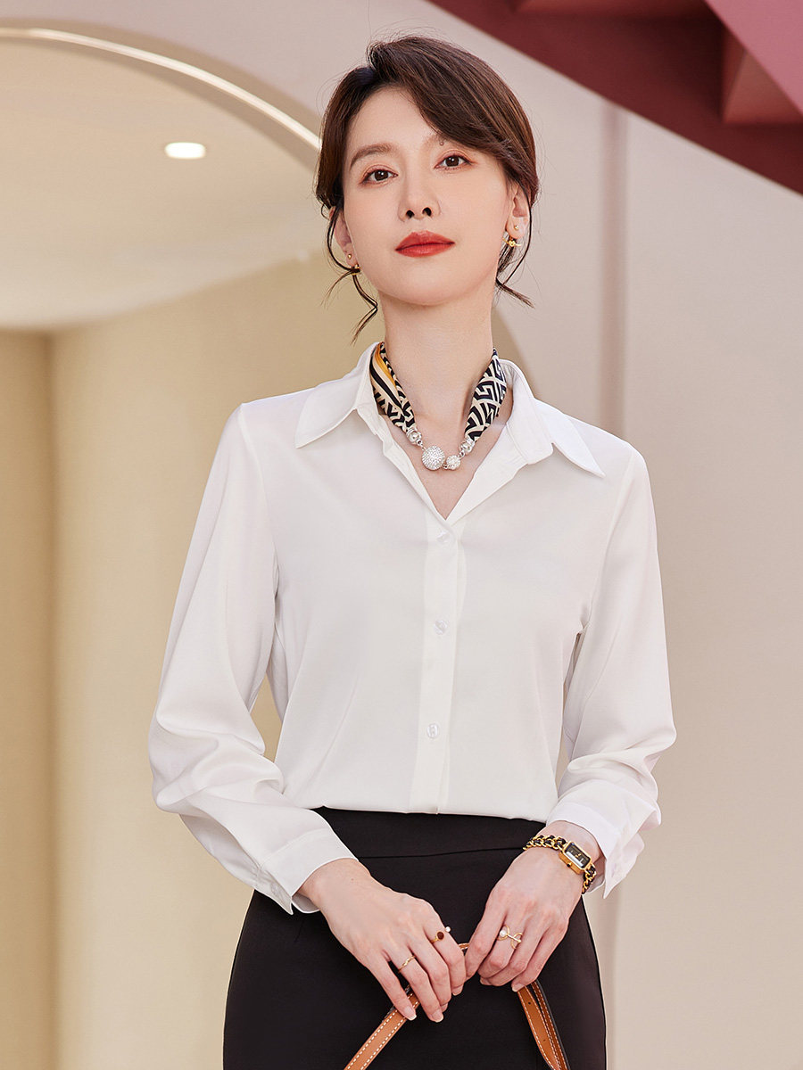 诗璐雅长袖白色衬衫女干练气质职业雪纺衫公务员面试通勤方领上衣