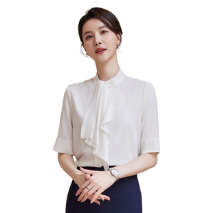 诗璐雅气质女神范飘带衬衫女2026新款五分袖雪纺职业上衣百搭衬衣