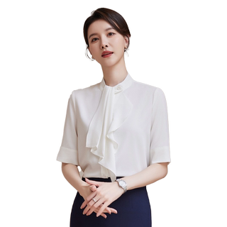 诗璐雅气质女神范飘带衬衫女2026新款五分袖雪纺职业上衣百搭衬衣
