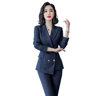 诗璐雅藏青色条纹西装女套装时尚气质正装经理职场上班工作服冬季