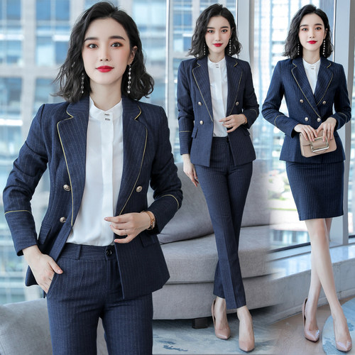 诗璐雅秋冬季英伦风条纹西装套装