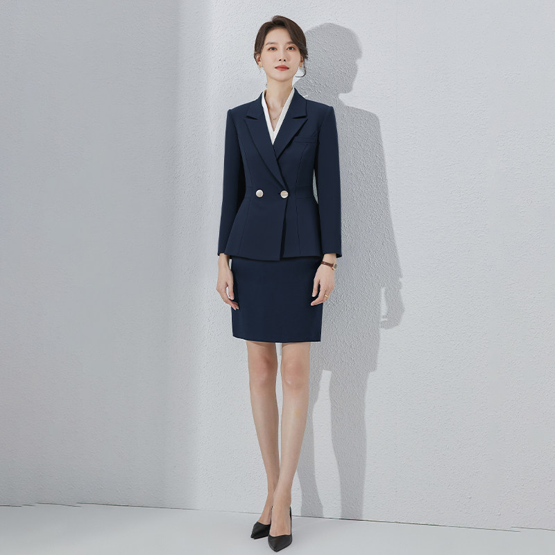 诗璐雅职业装套装女气质收腰短款西装两件套小个子通勤藏青色裙套