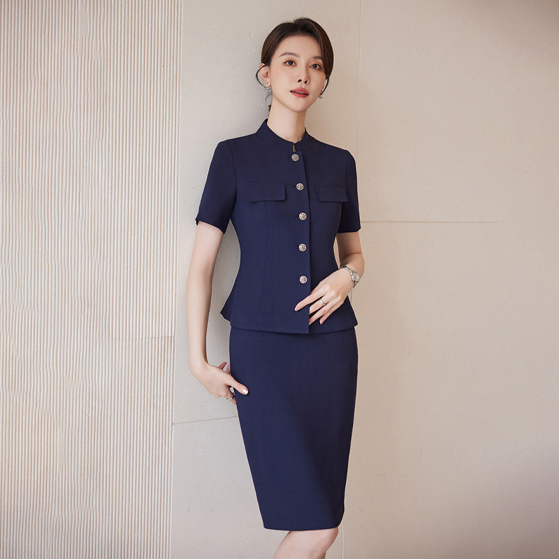 诗璐雅夏季西装套装女气质立领修身职业正装高级感西服裙子两件套