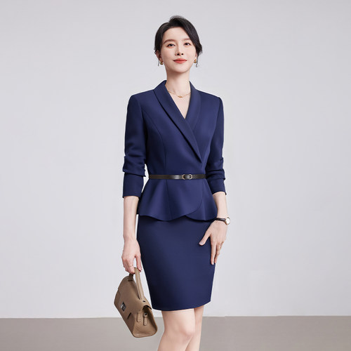 诗璐雅藏青色长袖职业西装套装女