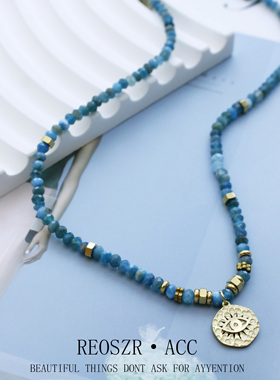 洛恣蓝色天然石民族风恶魔之眼女项链蓝松石波西米亚高定锁骨链