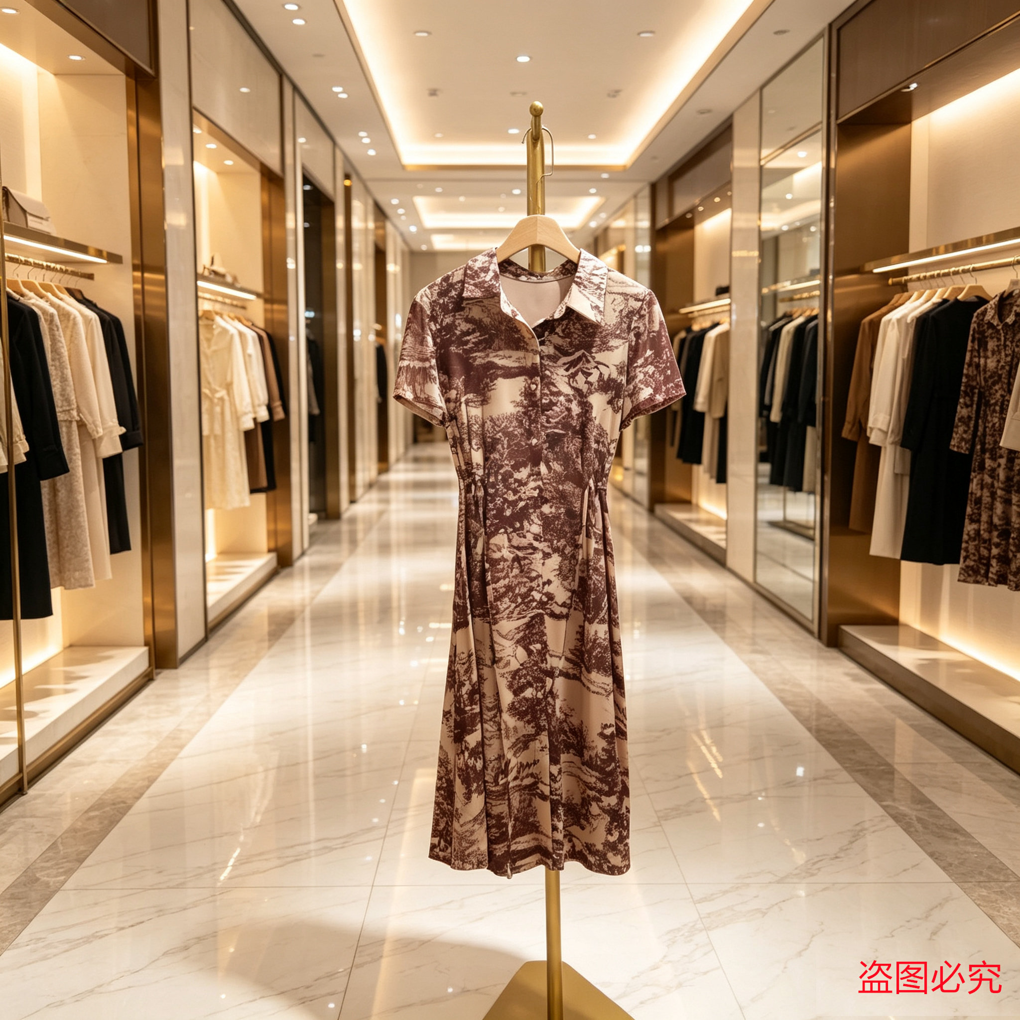 印花衬衫中长连衣裙收腰显瘦气质