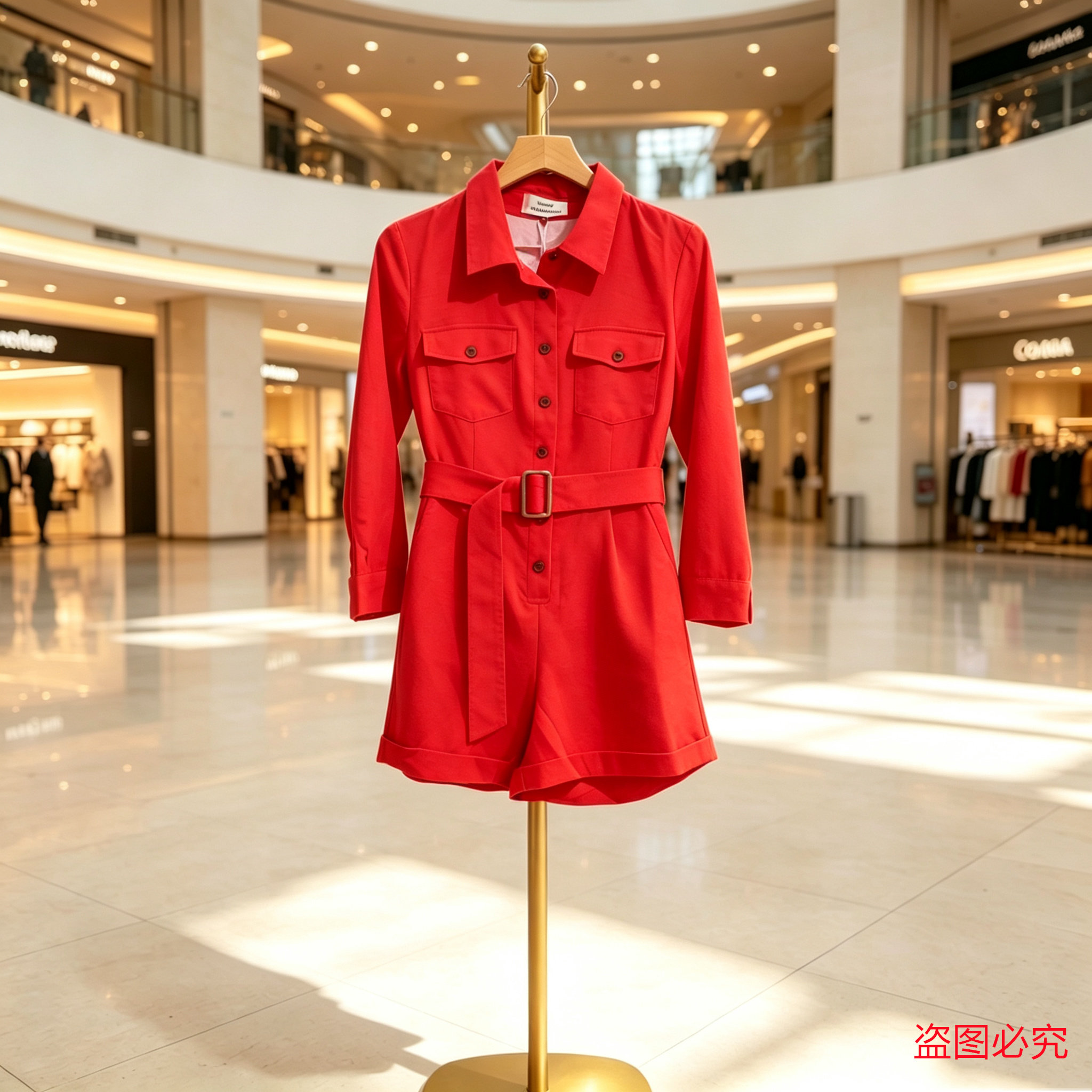复古红翻领工装七分袖连体短裤