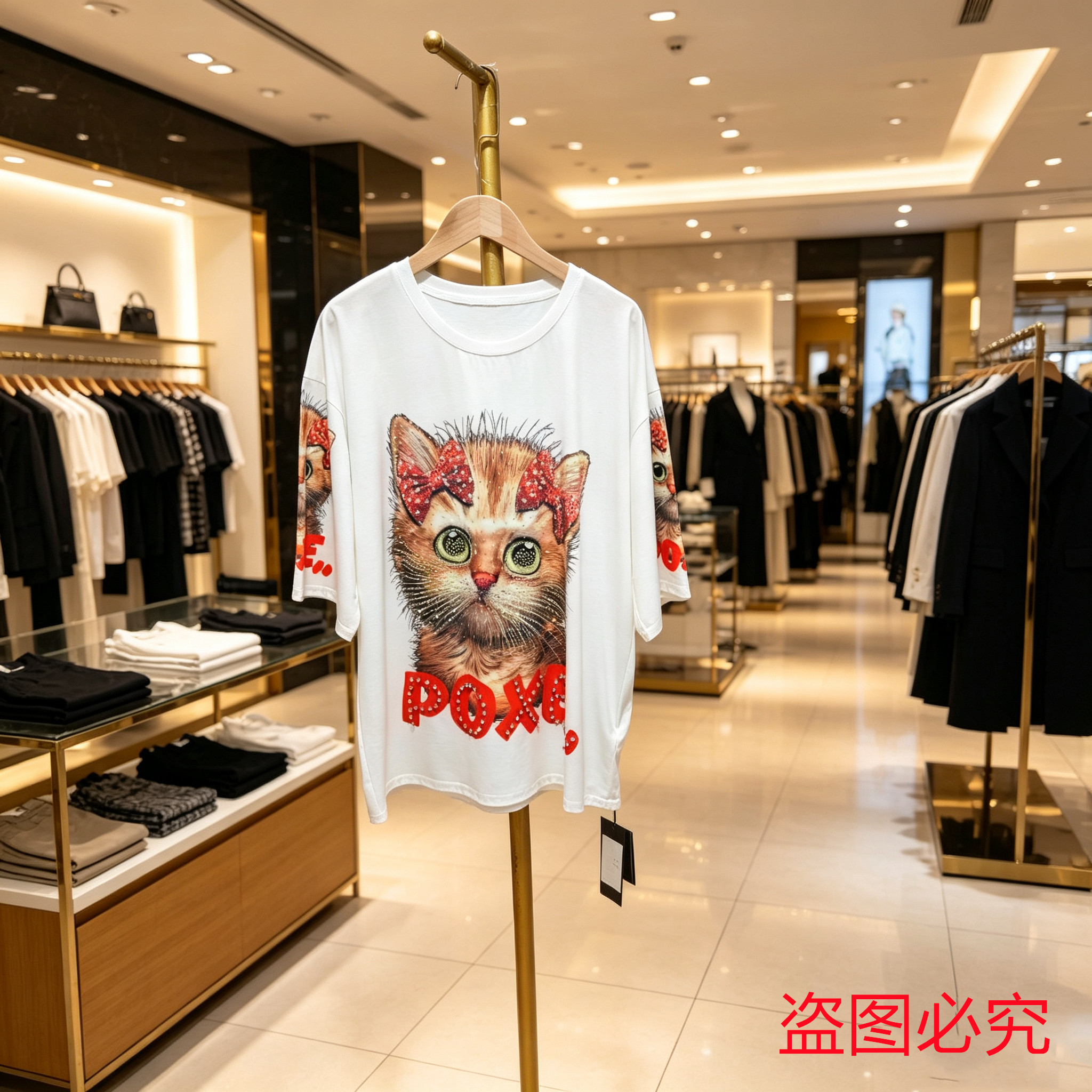 韩系减龄猫咪烫钻钉珠白T恤