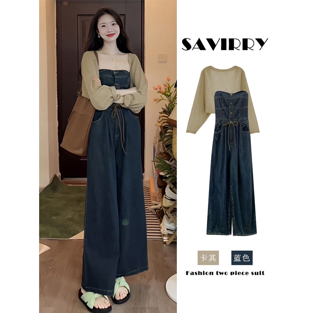 秋装女2025年新款早秋ootd穿搭一整套茶里茶气别致牛仔连体裤套装