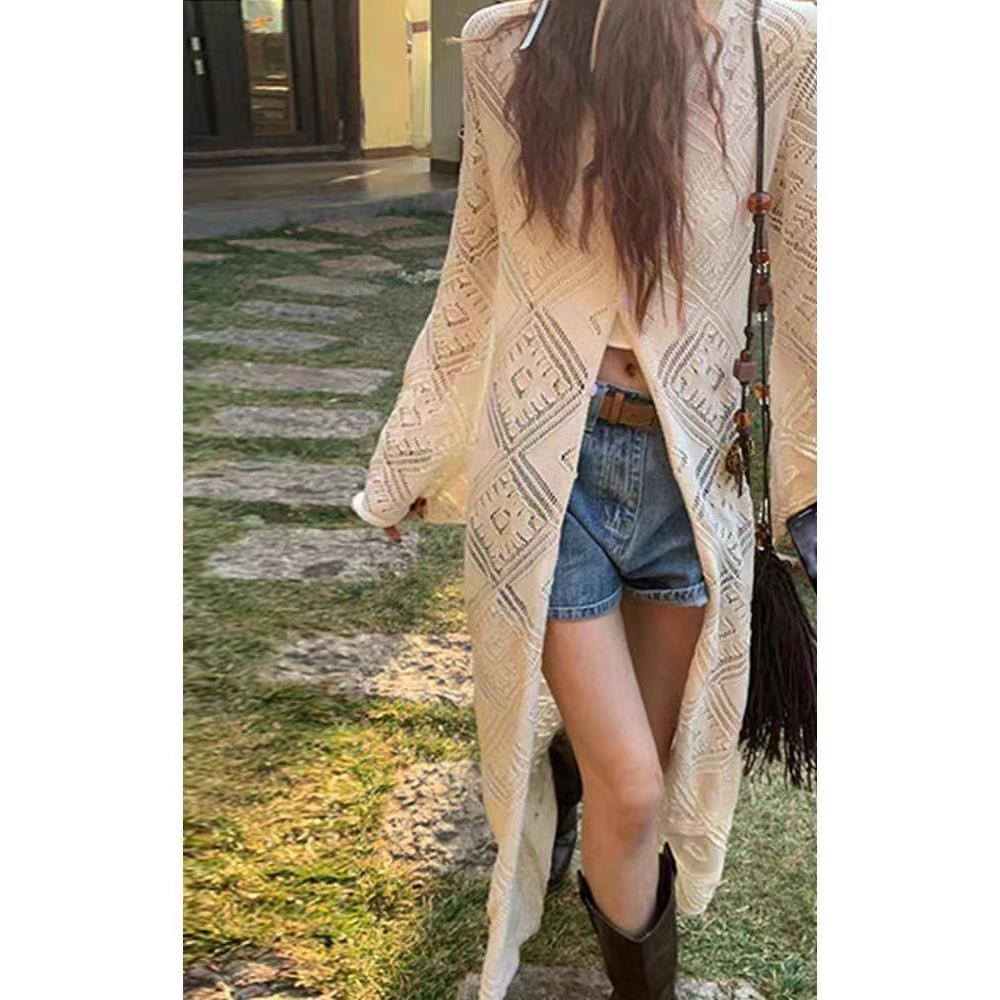 针织开衫女春夏季2025新款设计感小众上衣长袖外搭长款薄镂空罩衫