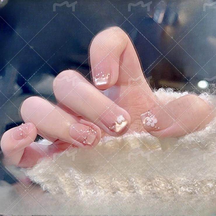 【七里香】纯手工穿戴甲法式猫眼拼钻立体小花款粉嫩腮红穿戴美甲
