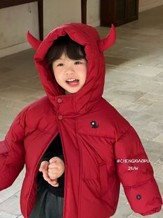 橙小铺90绒羽绒服儿童红色羽绒服小怪兽羽绒服