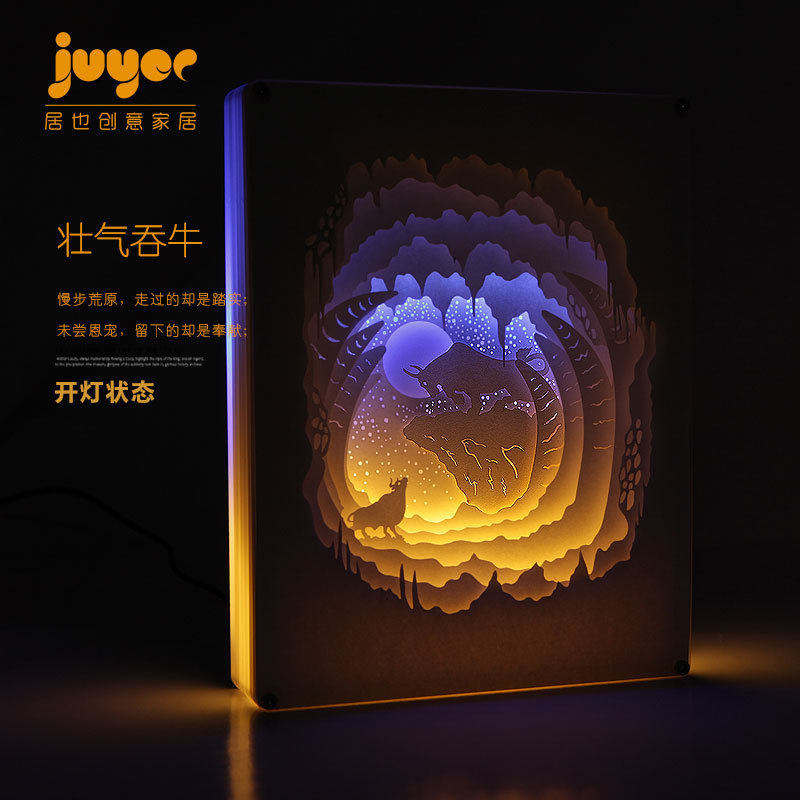 light and shadow paper carving lamp牛气冲天装饰光影纸雕台灯