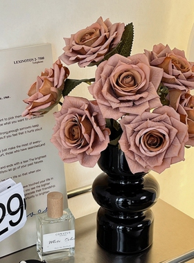 简约现代中古玻璃花瓶黑色水养鲜花客厅创意高级装饰干花插花摆件