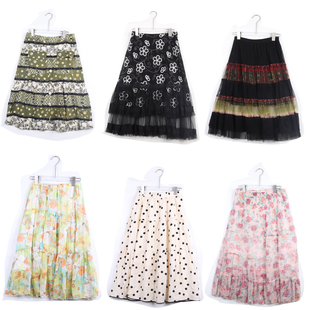 夏 QS古着Vintage复古风印花半身裙女A型伞裙蝴蝶结百搭绝美中长款