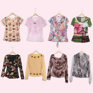 vi古着vintage复古Y2K印花T恤女修身 上衣 荡领古着T恤休闲短袖