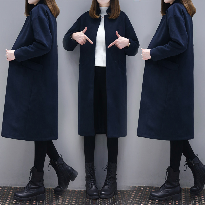 2026春装韩版装立领藏青色毛呢外套女大码显瘦宽松过膝呢子大衣女
