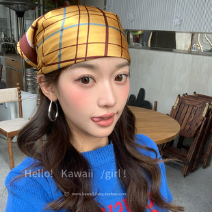 潮酷百搭领巾春夏薄款 方巾 复古辣妹撞色格纹丝巾嘻哈街头个性 美式