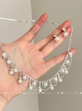 法式蕾丝仿珍珠流苏项链套装